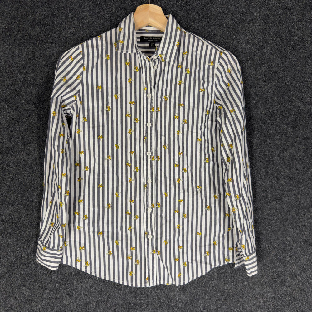 Banana Republic Shirt Women PXS Petite Gray Striped Button Up Collared Cotton